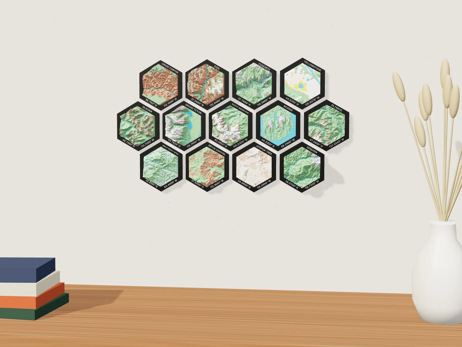 13 national park hexes hung edge to edge on a wall above a sideboard