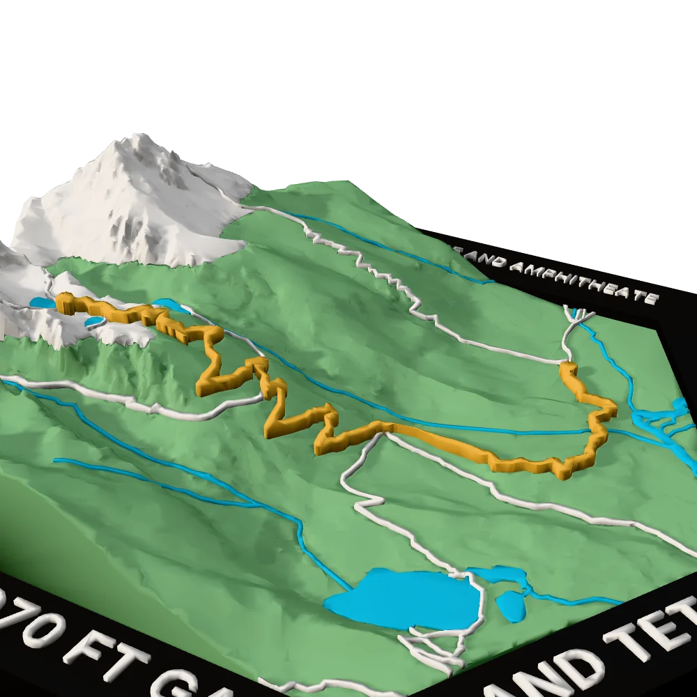 Surprise and Amphitheater Lakes trail raised in orange on the Grand Teton terrain